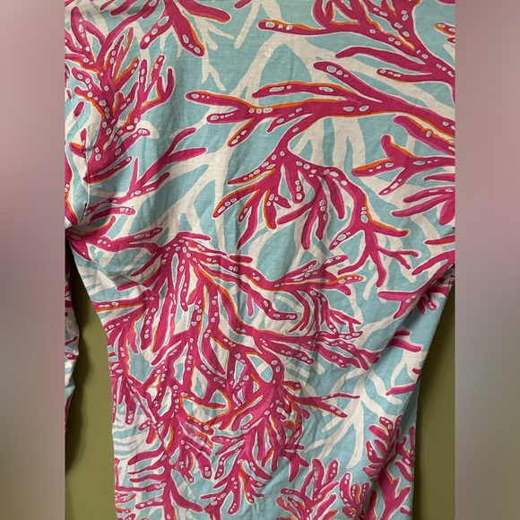 Lilly Pulitzer Long Sleeve Top Pima Cotton Blue Pink Coral Print Shirt Coastal M - Picture 8 of 11